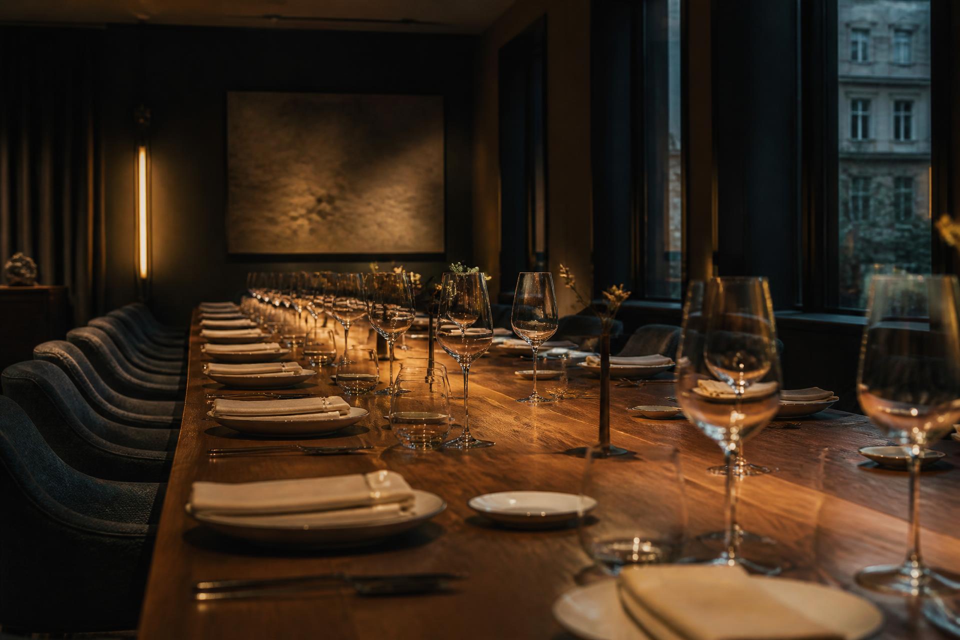 O masă lungă, aranjată pentru un grup, într-un restaurant din București, înainte de serviciu